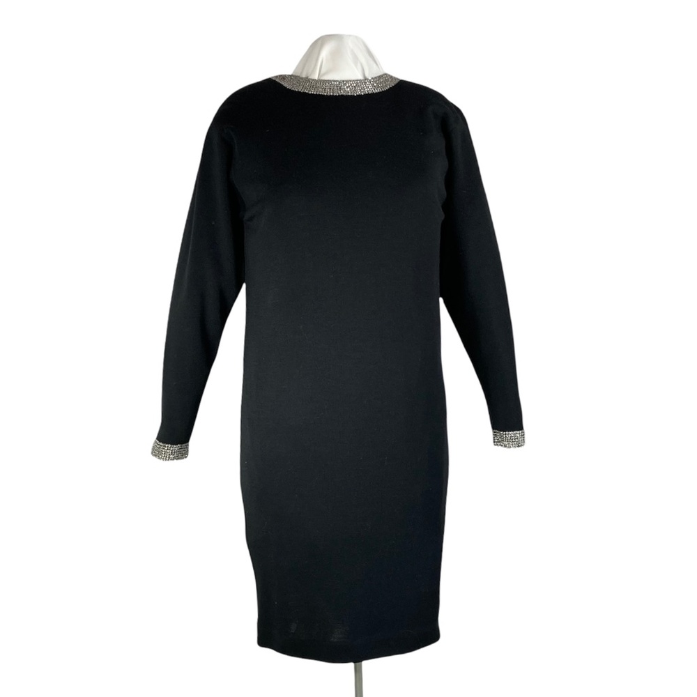 VTG Liz Claiborne Black Wool Blend Evening  Dress Sz S Sequined Cuff and Collar